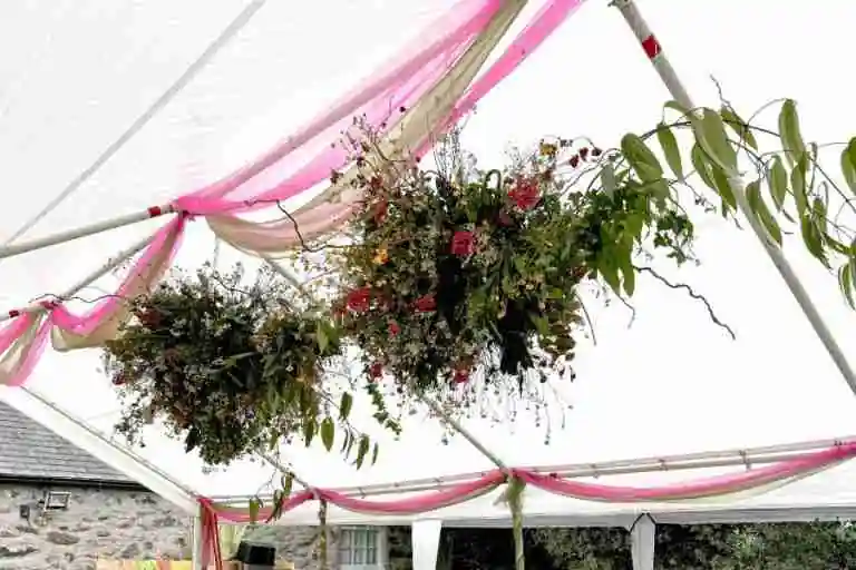 Finished Dry Flower Party Decorations hanging in tent